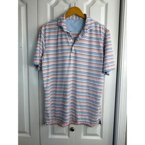 Johnnie-O Polo Shirt Mens Large L Blue Orange Striped Performance Short Sleeve